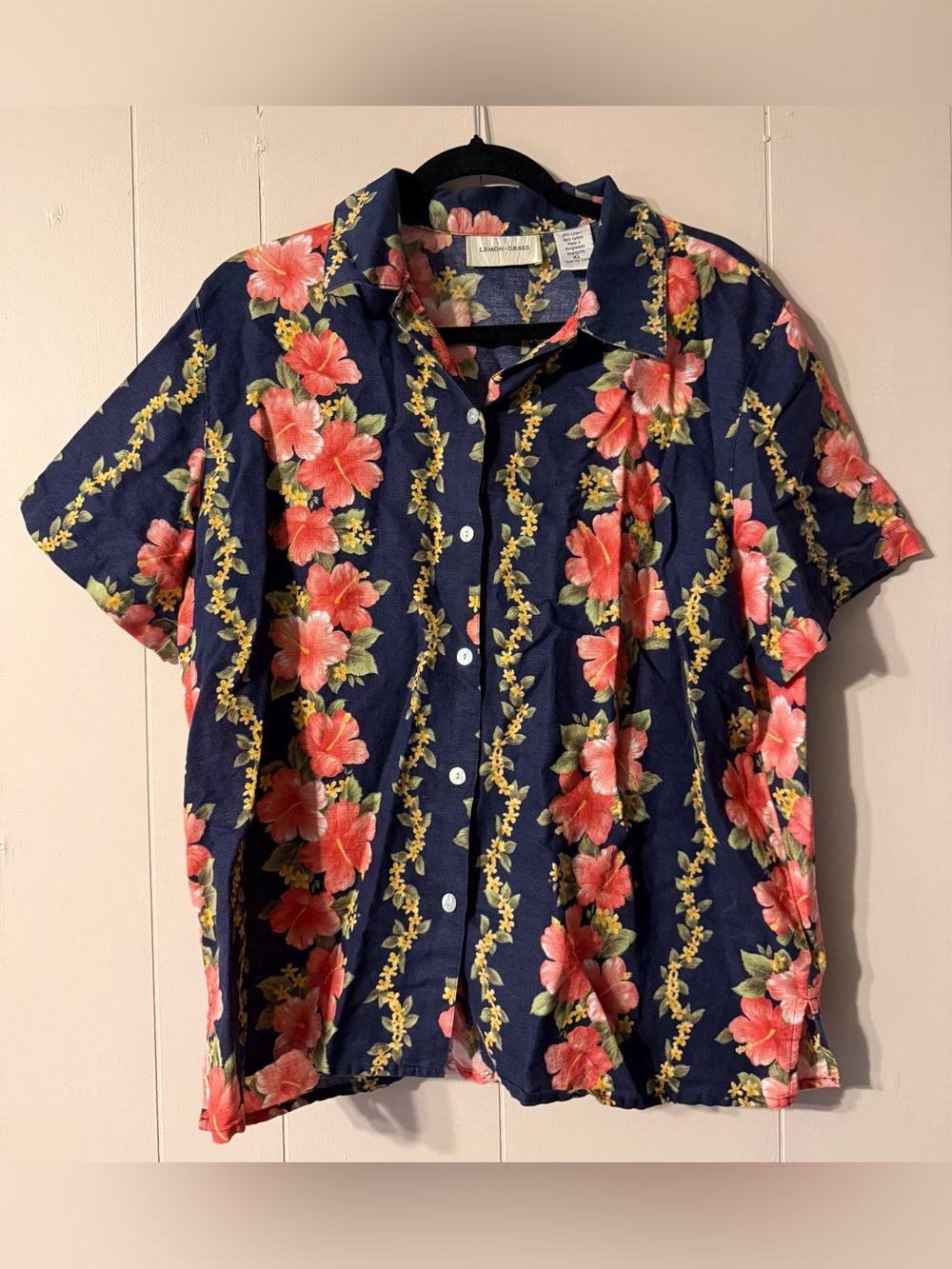 Vintage Lemon Grass XL Floral Hawaiian Shirt 55% Linen Cotton Hibiscus